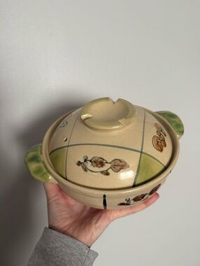 Hand-Painted Ceramic Covered Casserole in Cream and Green